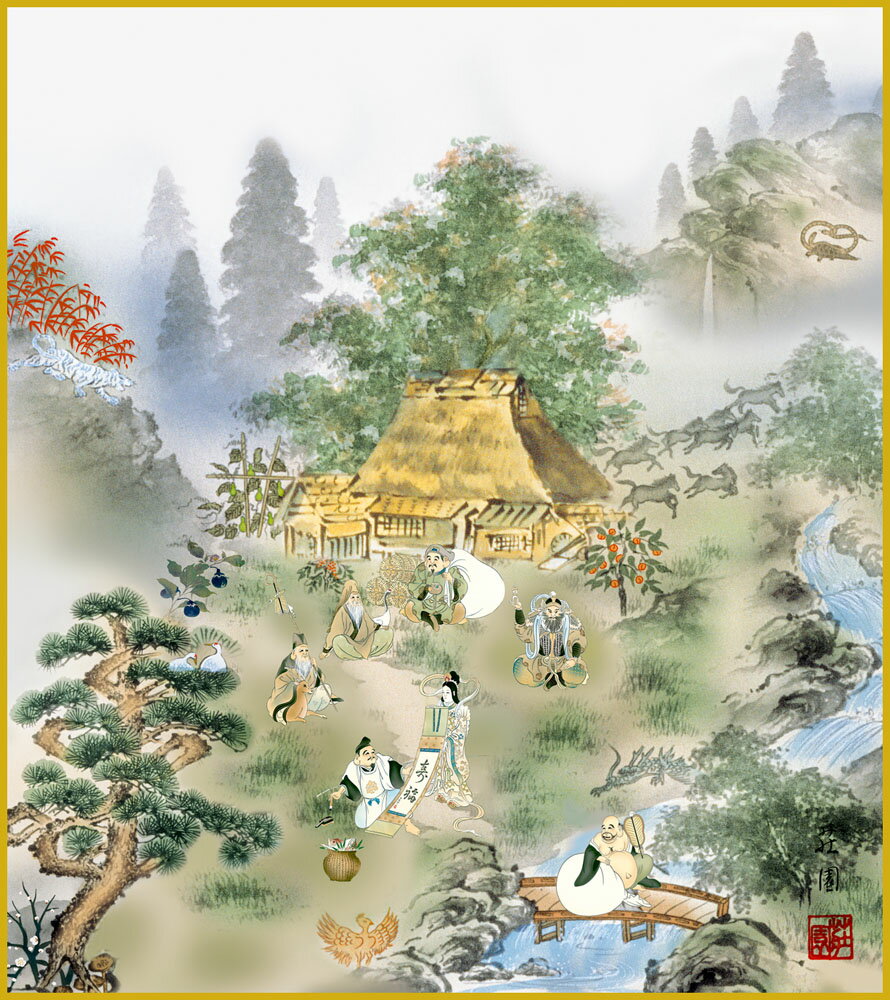 【スーパーSALE10%OFF】色紙 色紙掛けなし 色紙絵 和風 四神山水図 モダン 掛軸 床の間 和室 おしゃれ 壁掛け 絵