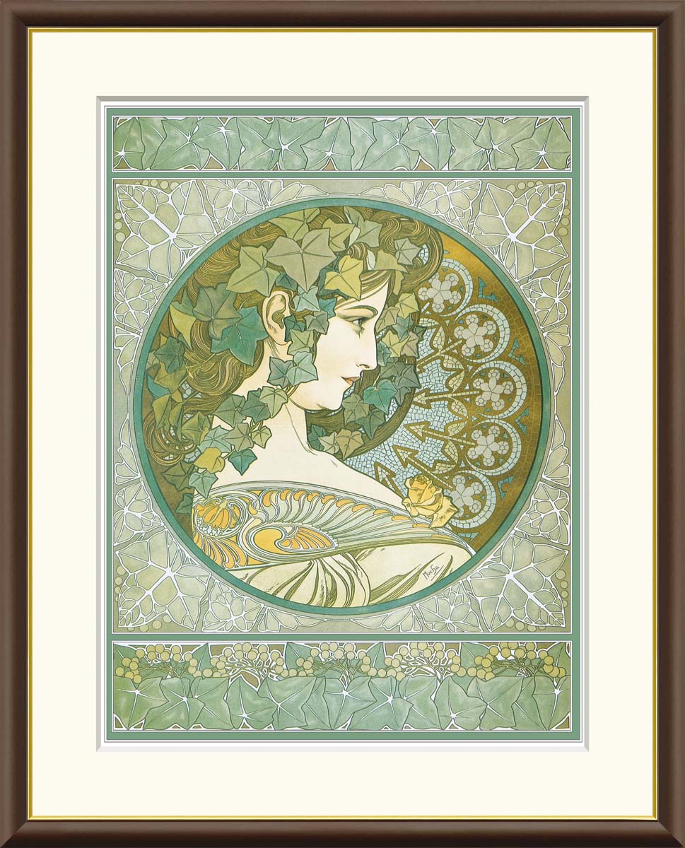 【スーパーSALE10%OFF】10年保証 名画 油絵 木蔦 アルフォンス・ミュシャ 手彩仕上 高精細巧芸画/インテリア 額入り 額装込 アート リビング プレ...