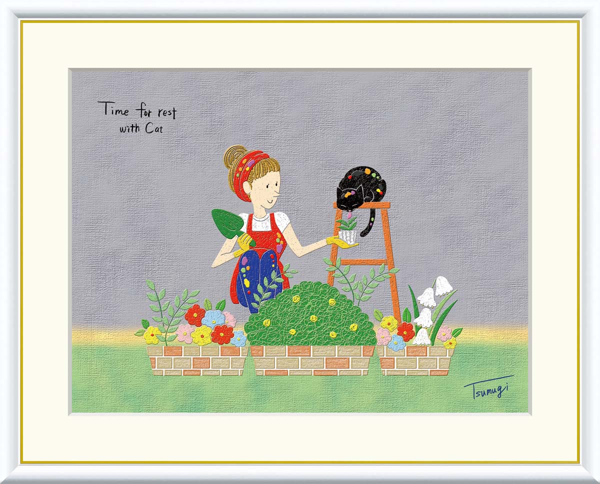 【スーパーSALE10%OFF】10年保証 名画 油絵 ガーデニング 山田つむぎ 手彩仕上 高精細巧芸画/インテリア 額入り 額装込 アート リビング プレゼン...