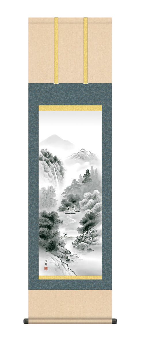 【スーパーSALE10%OFF】10年保証 掛け軸 山河望郷 (さんがぼうきょう) 長江桂舟 新絹本 洛彩緞子本表装 尺3 モダン 掛軸 床の間 和室 山水画 ...