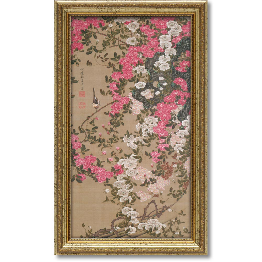 【スーパーSALE10%OFF】絵画 伊藤 若冲「薔薇小禽図」 額入り アートフレーム 和風 和室 インテリア 花の絵 紅白 リビング 玄関 部屋に飾る絵 プレ...