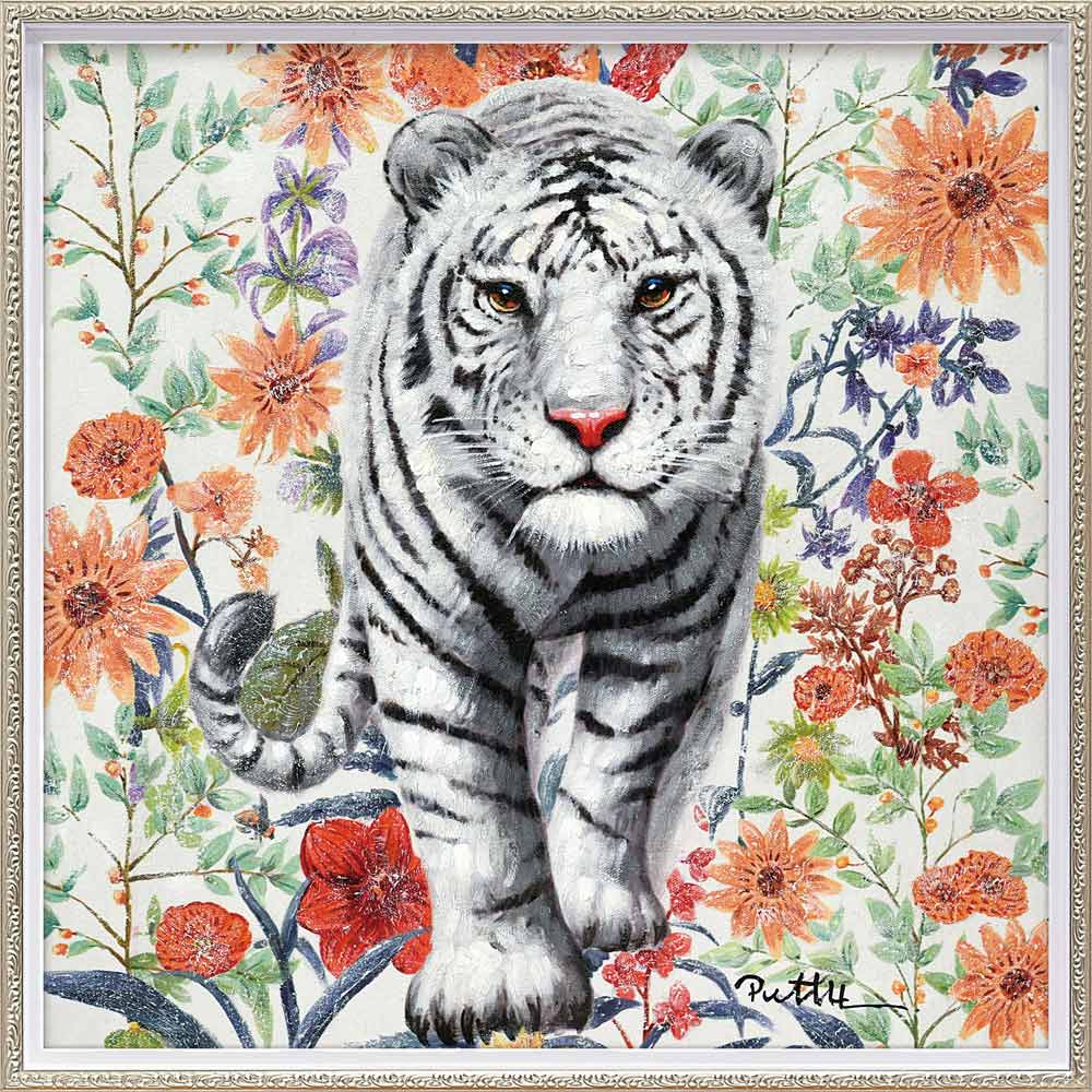 絵画 オイル ペイント アート「ジャングルの花園(Mサイズ)」 インテリア 白虎 カラフル 動物画 プレゼント リビング 玄関 に 飾る 額付き 動物 アート ...