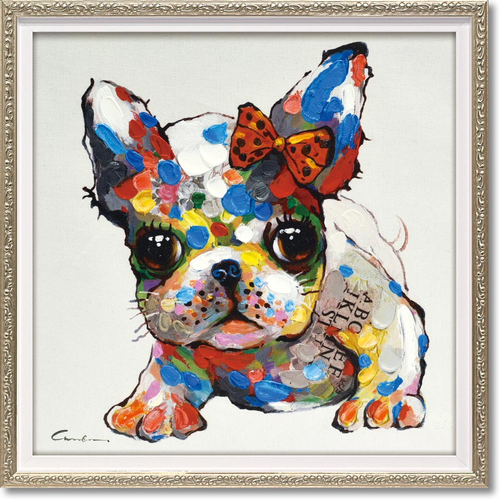 絵画 オイル ペイント アート「ベビードッグ(Sサイズ)」 油絵 額入り カラフル 犬 手描き 動物画 いぬ インテリア アート プレゼント モダン リビング ...