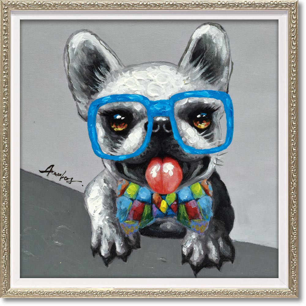 絵画 オイル ペイント アート「ブルーグラス(Sサイズ)」 油絵 額入り カラフル 犬 手描き 動物画 いぬ インテリア アート プレゼント モダン リビング ...