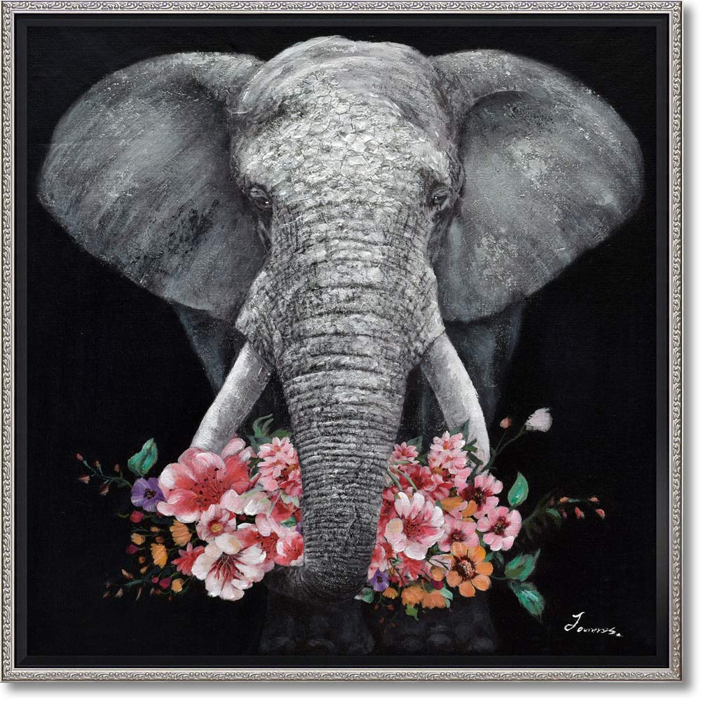 絵画 オイル ペイント アート「ギブ・ア・フラワー(Mサイズ)」 油絵 額入り ゾウ 花 手描き 動物画 インテリア アート プレゼント モダン リビング 玄関...
