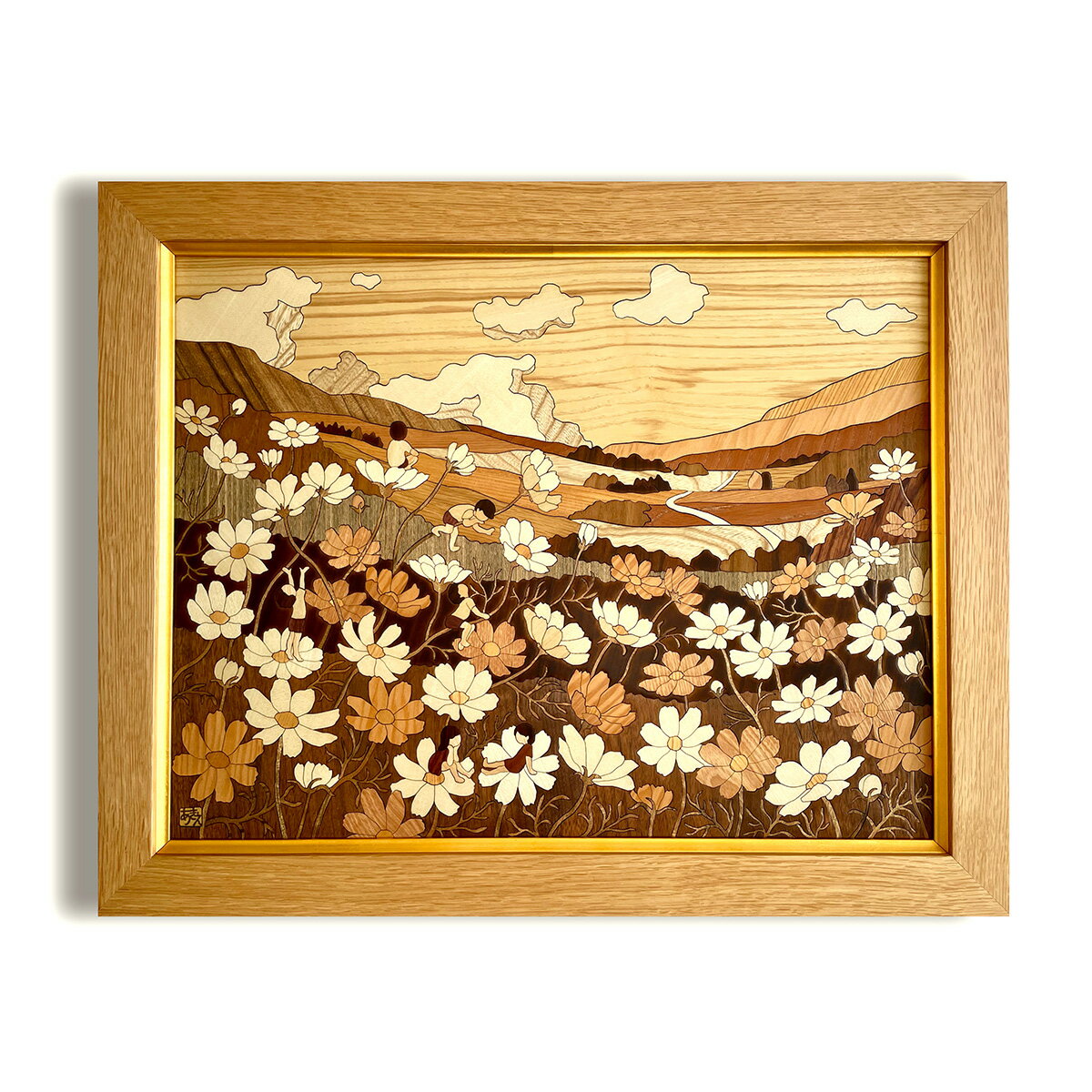 木の絵画・ウッドアート コスモスの丘 アトリエやしろ/マーケタリー 木象嵌 寄木細工 伝統工芸 インテリア 額入り 額装込 風景画 油絵 ポスター アート アー...