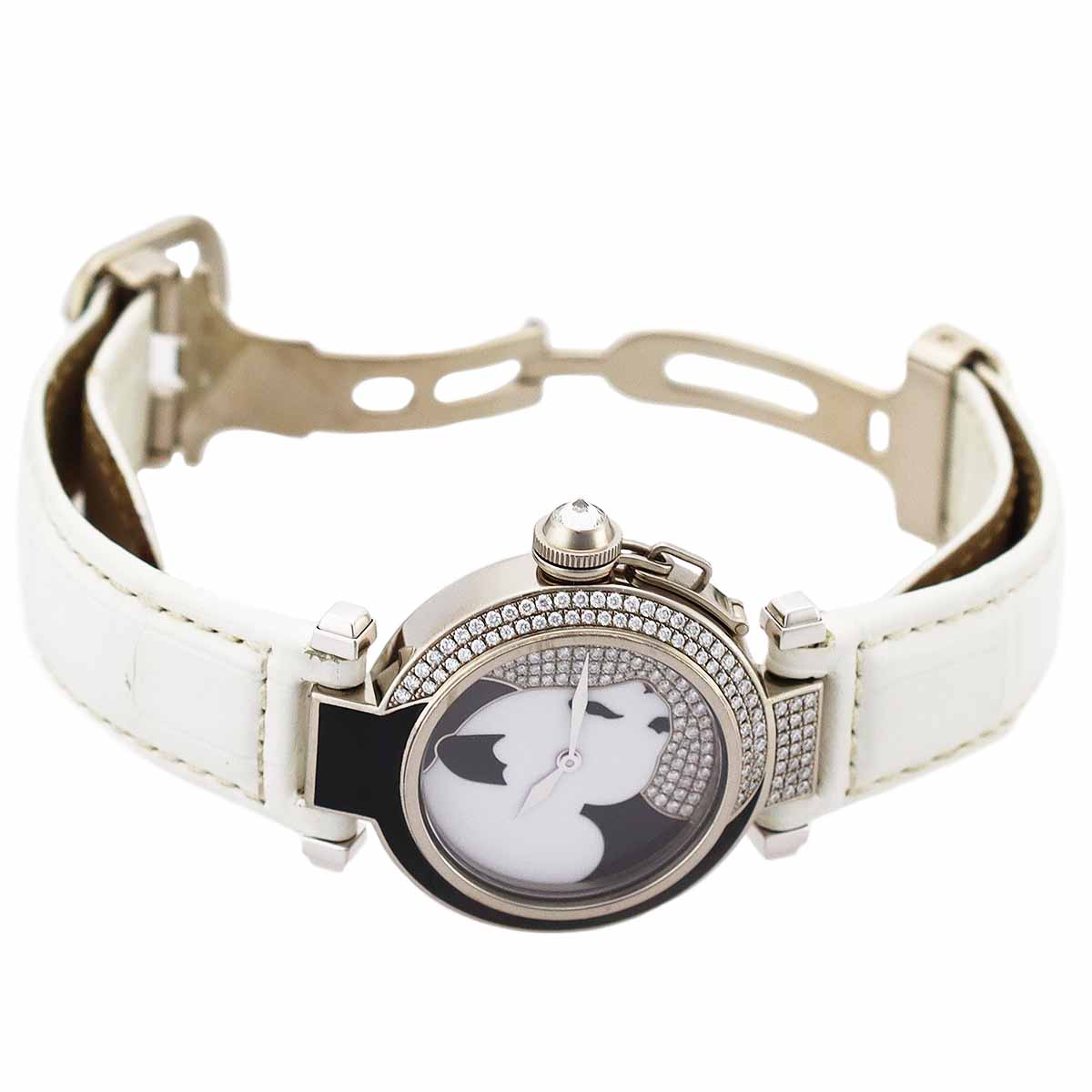 2006年20個限定 Cartier カルティエ ダイヤモンド パシャドゥカルティエ 時計 パンダ 32mm 七宝エナメルダイヤル 750 K18 WG ホワイトゴールド ダイヤモンド文字盤 クォーツ SWISS ホワイトクロコストラップ 【送料無料】【中古】21941102