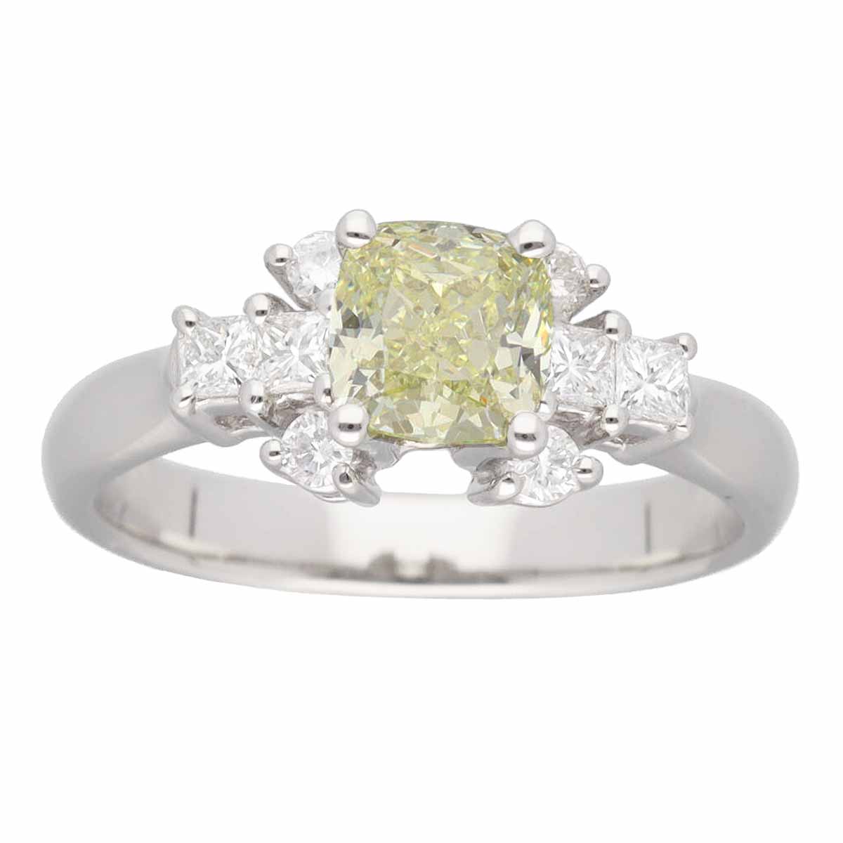 クッションカットイエローダイヤモンド(1.21ct U to V Range-VVS2)サイドダイヤモンド(0.37ct)リング Pt950 プラチナ 日本サイズ約14号 #54 鑑定書【送料無料】指輪【中古】23060202