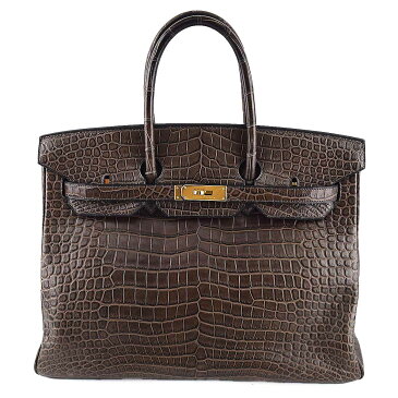 HERMES エルメス Birkin35 バーキン35 マットクロコダイル グレーエレファント ポロサス □L刻印 ゴールド金具【送料無料】茶色 バッグ【中古】32610610