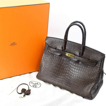 HERMES エルメス Birkin35 バーキン35 マットクロコダイル グレーエレファント ポロサス □L刻印 ゴールド金具【送料無料】茶色 バッグ【中古】32610610