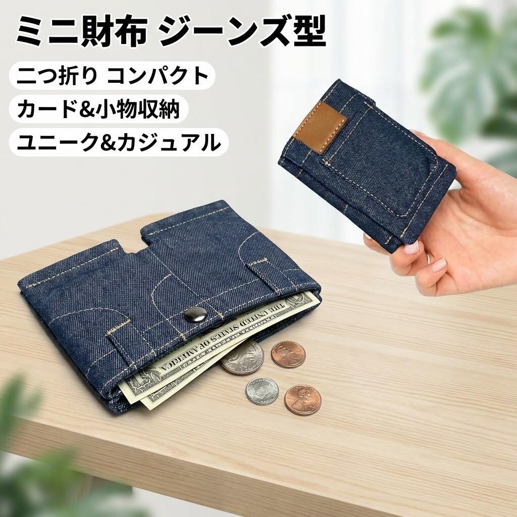 Rakuten - ミニ財布 二つ折り財布 メンズ レディース ジーンズ型 デニム調 コンパクト お札入れ カード入れ ポケット付き パスケース カードケース 小物入れ イヤホン収納 ユニーク シンプル おしゃれ カジュアル 日常用