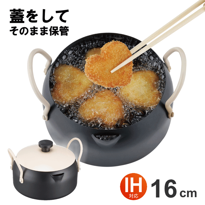 天ぷら鍋 ふた付き ミニ天ぷら ミニ揚げ物鍋 IH対応 揚げ鍋 揚げ物 ミニフライヤー 両手鍋 天ぷら 串揚げ お弁当用 ミニ 少量 小型 小さめ 小さい 1人用 2人用 鉄 鉄製 オール熱源対応 コンパクト 蓋付き 卓上 HB-0283のサムネイル