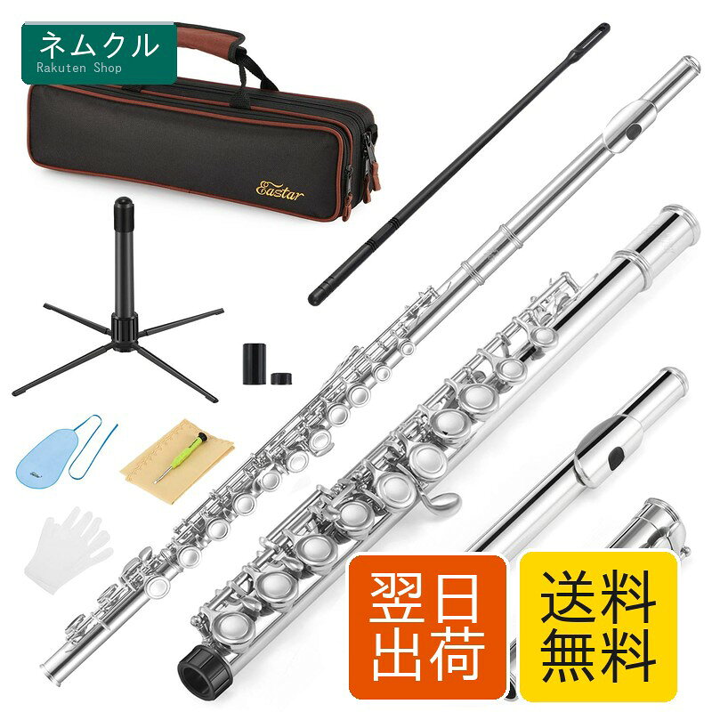 Eastar フルート カバードキー 16穴 Eメカ付き オフセット ニッケルメッキ スタンド&専門ケース 初心者セット (シルバー) 開学 プレセント
