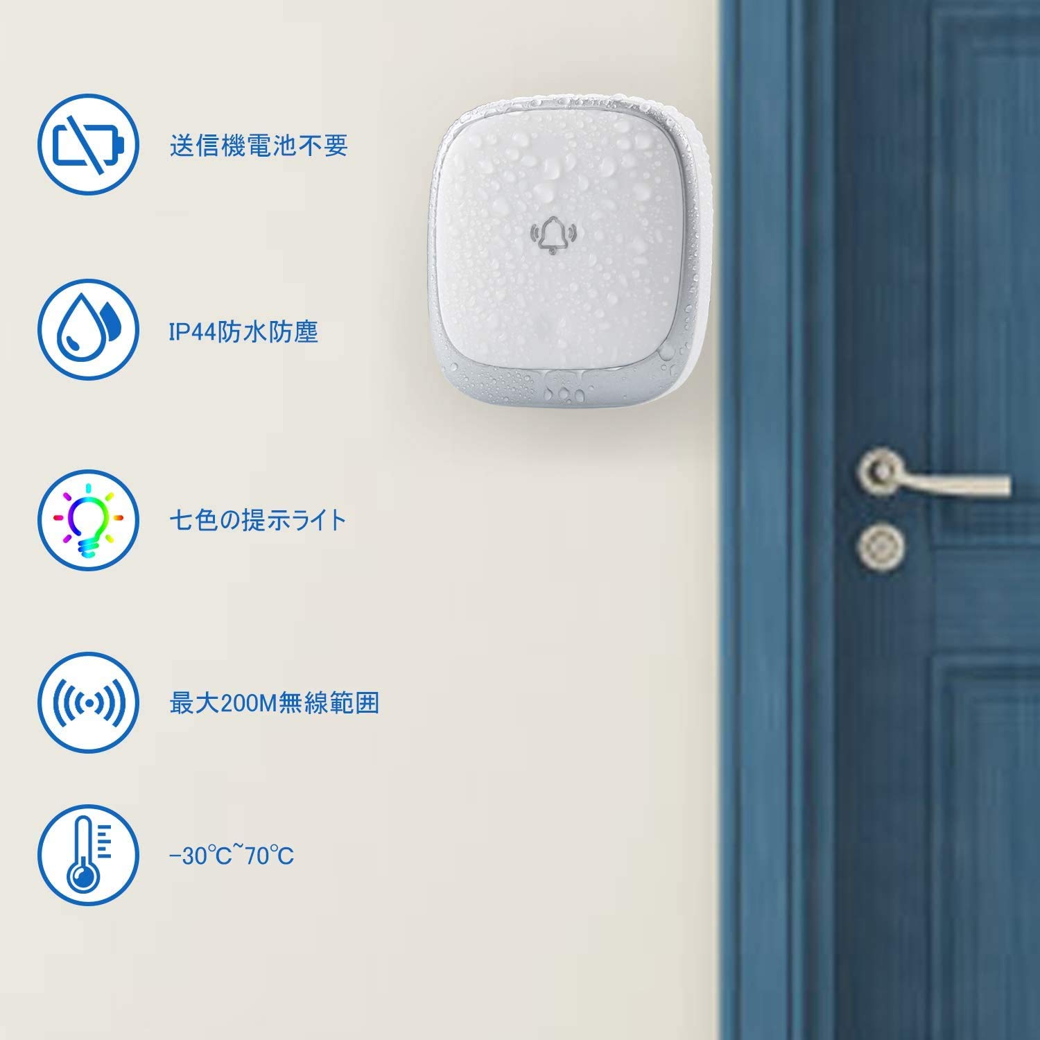 ネムクルのKULUSUPA ワイヤレスチャイム 玄関チャイム 電池不要 自動発電 音と光で呼び出しチャイムセット 7色led 4段階音量調節38曲選択 防水防塵 介護呼び鈴ドアベル 最高200M無線範囲 送信機1個 受信機1個｜アングル3