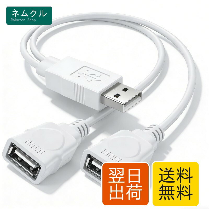 USB分岐器Yケーブル、USB 2.0 Aオス対2両メス延長線アダプタケーブル、30 cm、自動車、携帯電話、ノートパソコンなどに適用する（1件） (ホワイト)