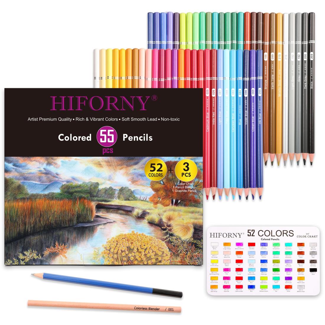 HIFORNY 55本パック 色鉛筆セット 大人用塗り絵用 52色 色鉛筆付き アーティストソフトコア 鮮やかな色 お絵かき鉛筆 アートクラフト用品 大人 初心...