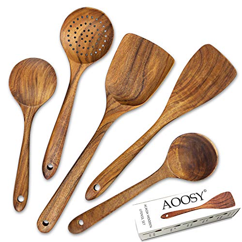 AOOSY キッチンツール5点セット 天然アカシア木製 塊木から掘り出した接着剤なし しゃもじ フライ返し ターナー スキンマー おたま スープスプーン しゃくし さじ 調理器具 箱付きのサムネイル