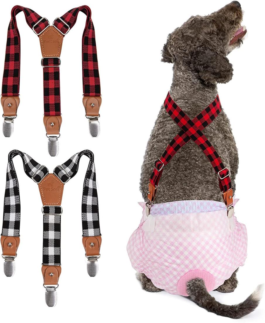 [Pet Soft] 犬おむつサスペンダー 犬用サスペンダー 2点セット 犬おむつ おむつウェアズレ防止サスペンダー 脱げない 皮フに優しい 長さ調整できる 3点留め 備品クリップ2個付き 犬用おむつサスペンダー