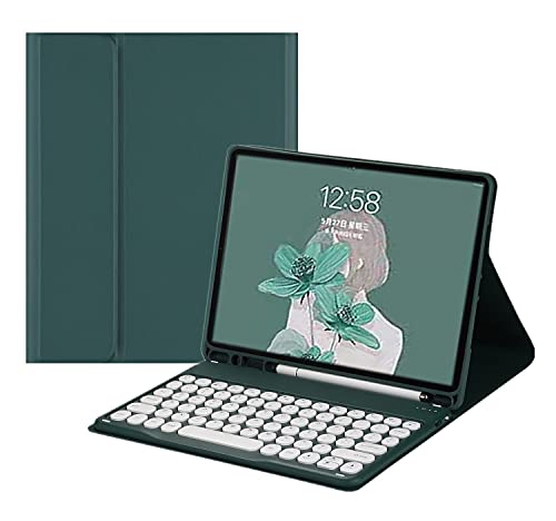 [マラソン期間中ポイント5倍]iPad 第10世代 キーボード ケース 丸型キー 可愛い iPad 10 2022 10.9インチ Bluetooth カラーキーボード カラフル 丸いキー 分離式 キーボード カバー アップル ペンシル 収納可能 (深緑)