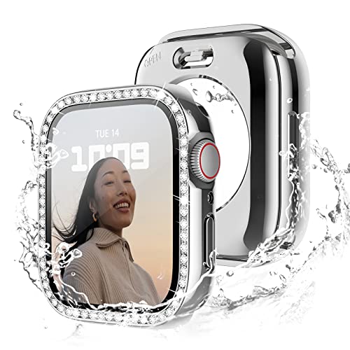 「360度防水設計」Recoppa コンパチブル Apple Watch ケース 44mm キラキラ アップルウォッチカバー 防水ケース Series 6 5 4 SEに対応 ガラスフィルム付き 一体型 IP68完全防水 ダイヤモンド 光沢感 オシャレ レディース シルバー 44mm