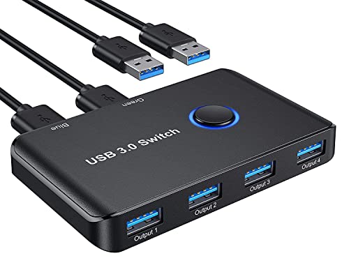【USB 切替器 PC2台用】ABLEWEの新型 usb 切替器は二台のPCと最大4つのUSB外部デバイス(プリンタ、マウス、キーボード、外付けハードディスク、ハブWEBカメラ)と接続させられ、切替できるセレクターです。遅延なく簡単に切替できます。【高速転送】USB 3.0準拠のバスパワー動作で5Gbpsの高速データ送信に対応しています。従来のUSB2.0/1.1機器の接続も可能です。活線挿抜（ホットスワップ/Hot swap）機能搭載、使用機器を接続すると、即座に認識し使用可能な状態になります。【対応OS】Mac OS、Windows 10/8 / 8.1 / 7 / Vista / XP、Linux、Unix、DOS、NT、Androidなど、ドライブ必要なく簡単に取り付けできます。シンプルでコンバクトなサイズで場所を取らずすっきりと設置できます。バソコンが2台あっても入出力機器が1セットで済み省スぺ一スを実現します。【使いやすい】長さ1.0メートルのUSB A-Aケーブルが2本付いて、製品到着後すぐに使えます。LEDランプ(青/緑）が搭載され、使用中、切替先とともに動作状況が確認できます。また、接続先の切り替えも切り替え機の中央のボタンを押すだけで実現できます。コンパクトデザインで、場所を取らずすっきりと設置できます。【給電マイクロUSB端子付き】本製品を安定的に使用するために、必ず外部電源をご使用ください。給電ケーブルが是非DC5V 1A以上の給電してください。（ACアダプターを接続してください、ACアダプターの仕様：DC5V 1A以上）