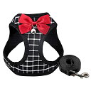 Tibemi 犬 猫 ハーネス リードセット 鈴付き 可愛い 蝶ネクタ 猫用ハーネス 抜けない 胸あて式 牽引ロープ 猫 ハーネス メッシュ ポリエステル製 格...