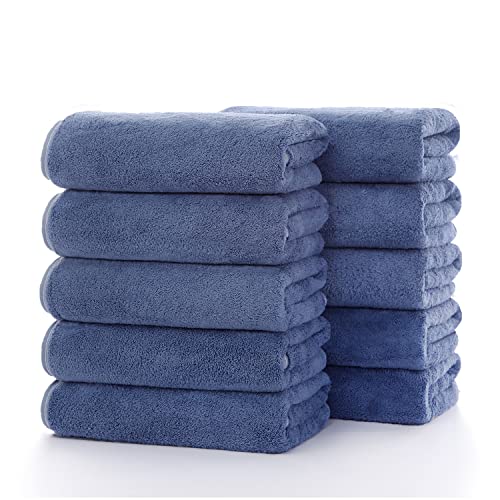 フェイスタオル マイクロファイバー タオル 10枚セット 約35x75cm ふわふわ なめらか 瞬間吸水 速乾 抗菌 防臭 家庭用 業務用 (ブルー)