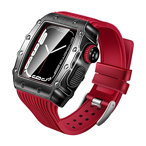 [マラソン期間中ポイント5倍]HUALIMEI Apple Watch ケース 44MM 45MM シリコーン バンド ガラス スクリーン プロテクター 頑丈 カバー付き iWatch シリーズ 8/7/6/5/SE/4用44mm 45mm ヘビー デューティ メタル ケース ストラップ メンズ 完全 保護 カバー (44/45mm, レッド)