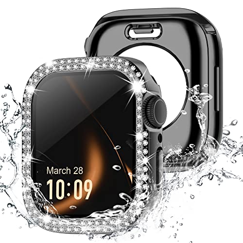 【360度防水設計】Missair コンパチブル アップルウォッチ カバー キラキラ Apple Watch カバー 防水ケース 45mm ダブルダイヤモンド 保護フィルム付き 一体型 IP68完全防水 iWatch ケース Series 8 7に対応 お洒落 女性専用 ブラック 45mm