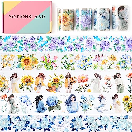 マラソン期間中ポイント5倍 NOTIONSLAND マスキングテープ 可愛い 美し 花 女の子 手帳 DIY 和紙 透明PET テープ 広幅 (4巻ギフトボックス)