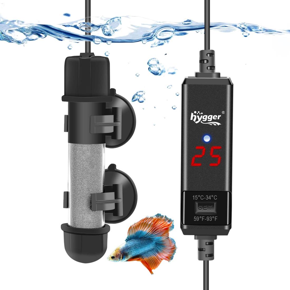 hygger 水槽ヒーター 100W 15-34℃設置 石英防爆ガラス 過熱保護 空焚き防止 温度調節可能 縦横設置 水中用ミニヒーター 吸盤付き 40-100L淡水・海水水槽に適用
