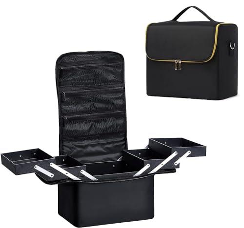 メイクボックス 化粧品収納ボックス 大容量 コスメボックス 持ち運び 化粧箱 メイク収納 ネイルケース 化粧ボックス ショルダー付き 旅行用 (Black gold)