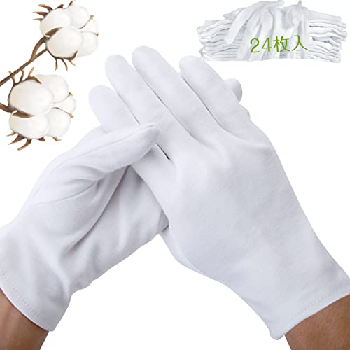 HUOFU 綿手袋 純綿100% 手荒れ 白手袋 保湿 コットン手袋 インナー手袋 薄手 布 使い捨て 作業用 おやすみ ハンドケア ドライバー 検品 貴重品 スムス 湿疹 乾燥肌 子供 男性用 メンズ レディース 24枚入 (コットン, M)