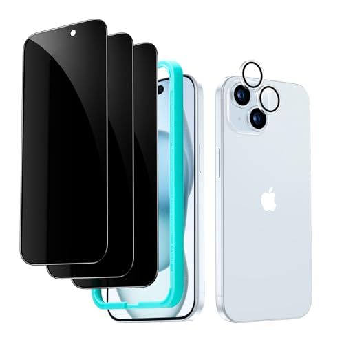 ESR for iPhone 15 プライバシー保護フィルムセット 覗き見防止 強化ガラスプライバシー保護フィルム マイクロカーブエッジ、ケースに優しい 独立型カメラレンズプロテクター1セット付き 3枚入り