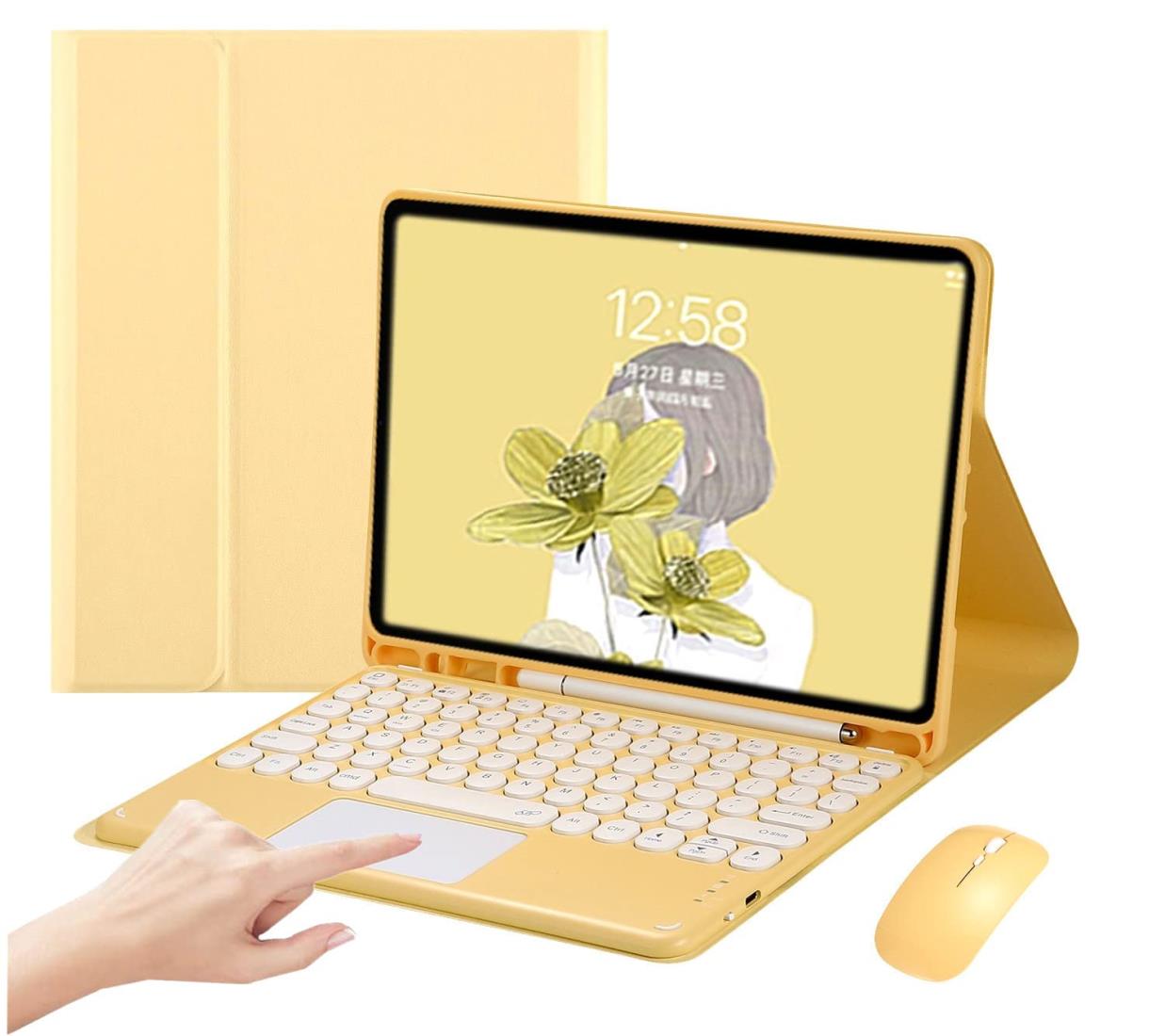 タッチパッド搭載 iPad Pro11 キーボード ケース （2022/2021/2020/2018）マウス付き 3点セット マウス機能 可愛い 丸型キー ペンホルダー付き 分離式 Bluetooth トラックパッド キーボード付きケース ブルートゥース (iPadPro 11(2022/2021/2020/2018）, 黄色)