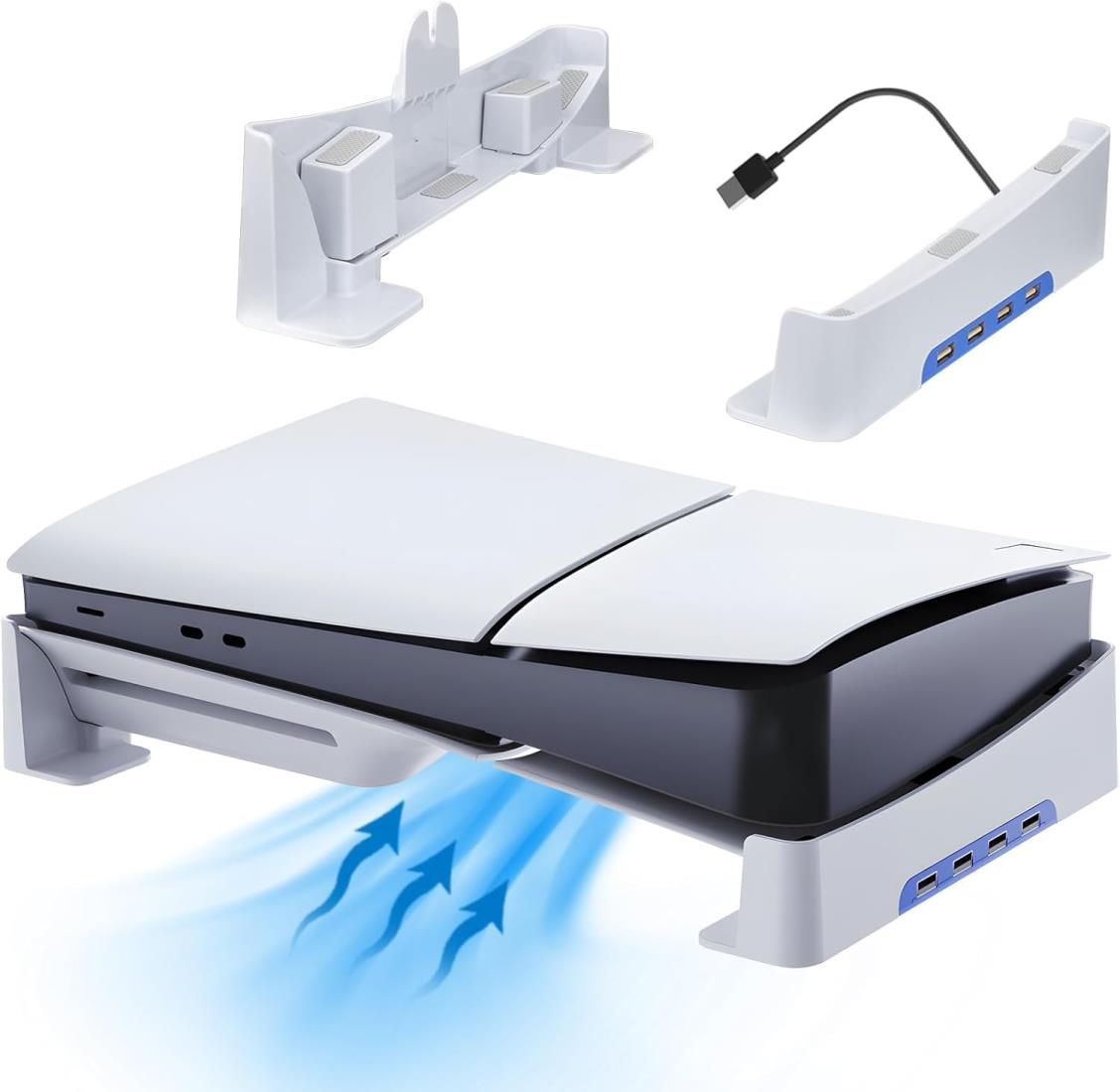 新型 ps5 Slim用/ps5 pro用 横置きスタンド 4つUSB拡張ハブ付 地震対策 放熱改善 新型PS5 用水平スタンド 転倒防止 傷付き防止 簡単に取り付けます ps5本体をもっと安心に収納 新型PS5ディスク & デジタル版/PS5 Pro デジタル版対応【PS5旧型非対応】