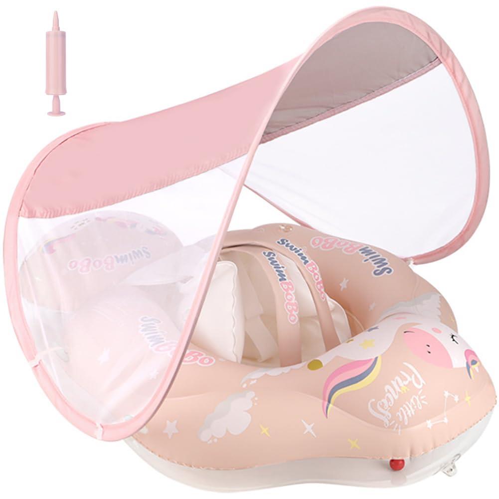 ベビーフロート 子供浮き輪 ベビーフロート 取り外し可能なサンシェード シートベルト付き UVカット SPF50+ 日焼け止め 足入れ 浮き輪 外遊び 旅行 夏休み アウトドア 3ヶ月-6歳の子供用 (Lサイズ)