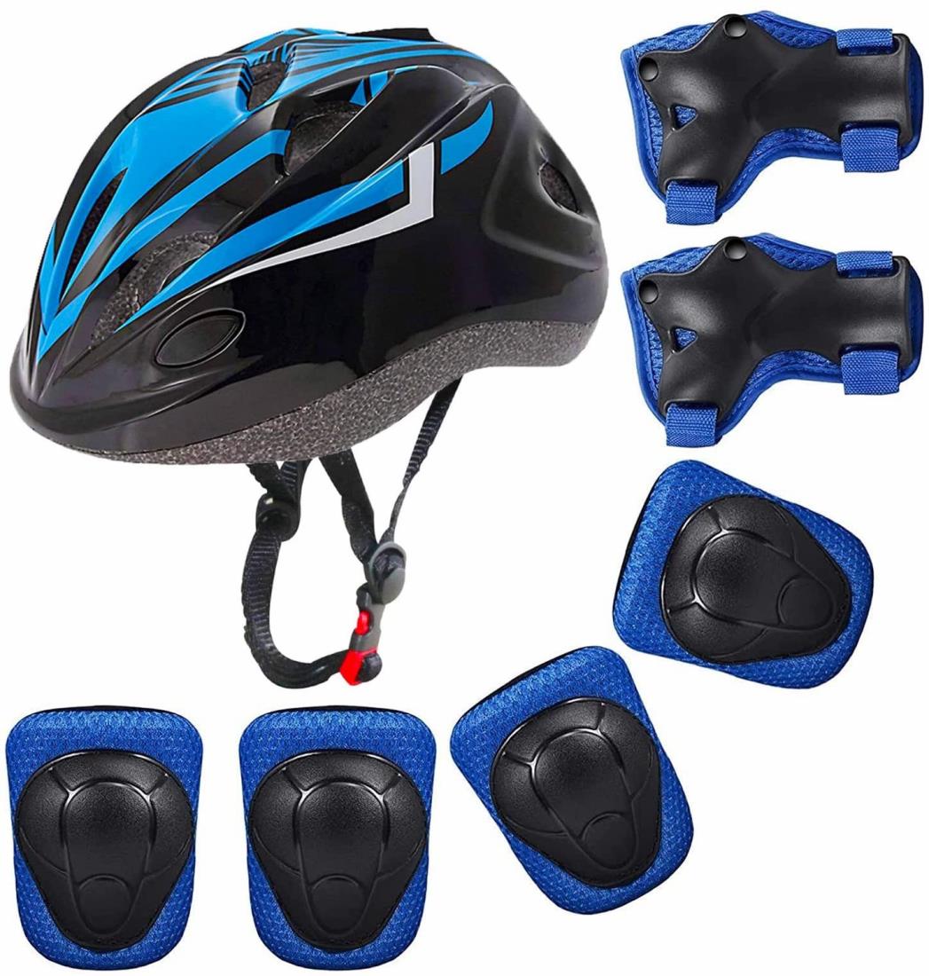 SHAKE BEAR® ヘルメット こども用 キッズ プロテクター セット 子供用 自転車 ヘルメット 3-10歳 サイズ調節可能 50cm~56cm 軽量 通気性 自転車 通学 スケートボードなど適用 スポーツヘルメット (7点セット（青黒）, S/M(48-56CM))