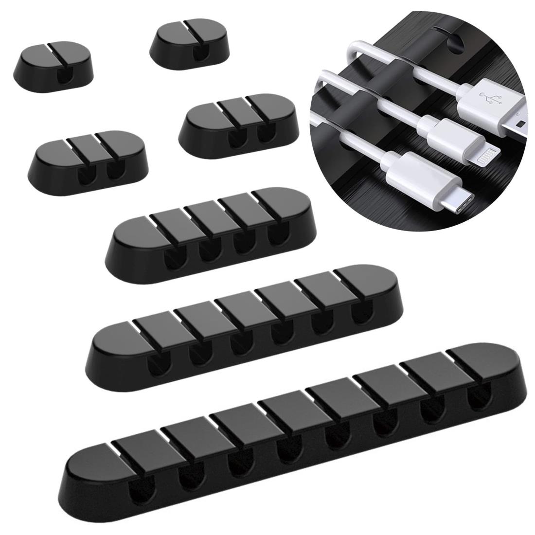 Aurooooa 7本入れ ケーブルホルダー ケーブルクリップ USBケーブル ライトニングケーブル 充電ケーブル マウス配線 ヘッドフォンケーブル キーボード配線 デスクコード 整理用 粘着性 両面テープ クリップ (ブラック1-2-4-6-8穴)