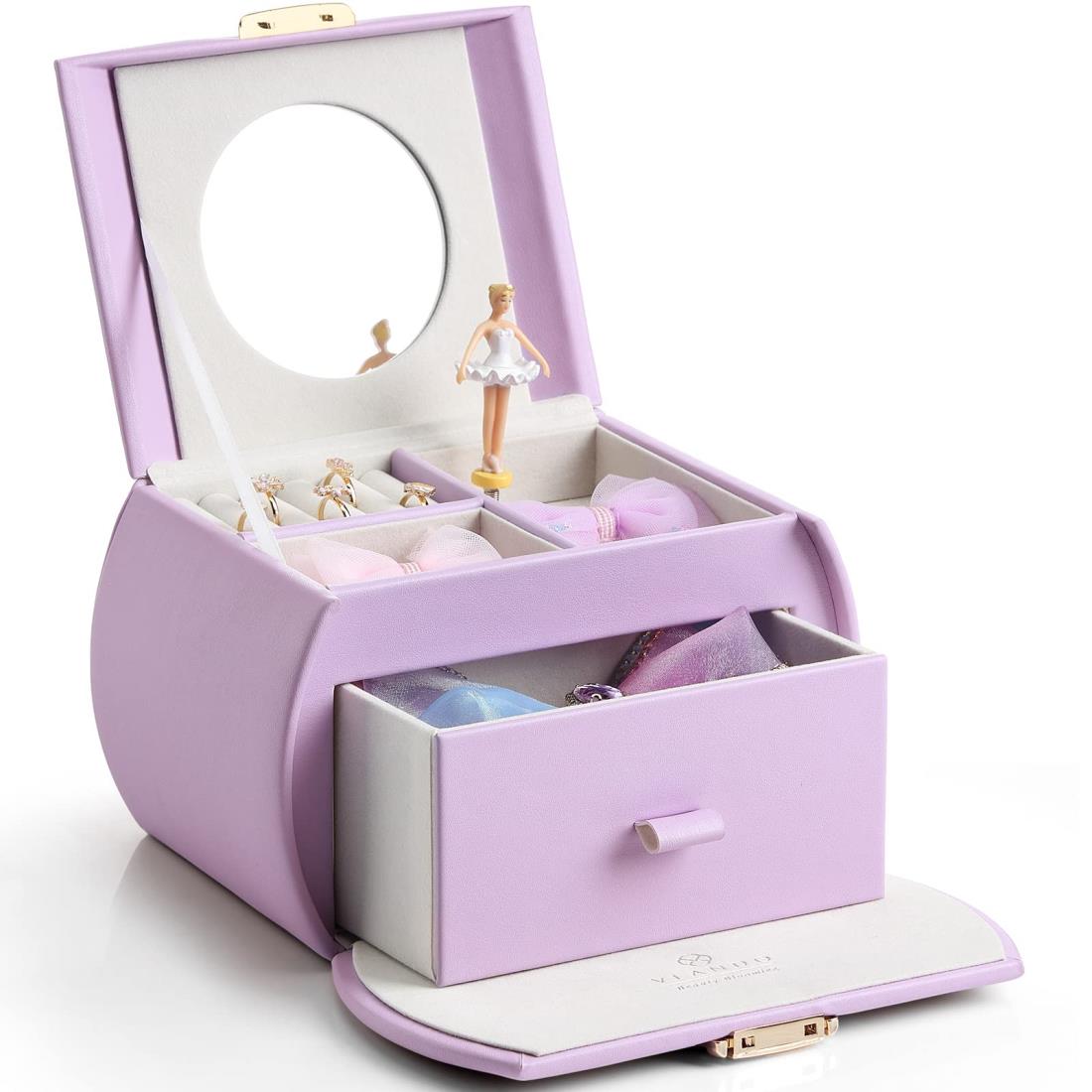 Vlando ジュエリーボックス 娘へのプレゼント 半円形 鏡付き オルゴール プレゼント子供 アクセサリーケース 携帯用 引き出し 2段（ラベンダー）