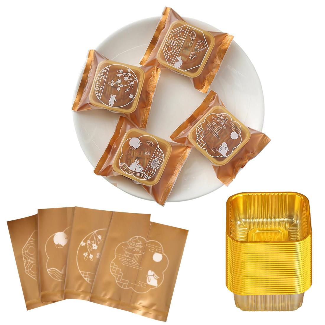 [BEAUTY PLAYER]50g月餅用包装袋100枚、月餅用土台トレー100枚 お菓子 和菓子 中秋月餅 家庭用手動DIY..