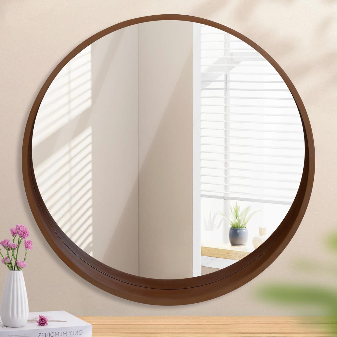 Browgrow 壁掛けミラー 木製 鏡 壁掛け鏡 丸型ミラー ウォールミラー 天然木フレーム 丸鏡 円形ミラー 飛散防止 洗面 玄関 化粧 (ブラウン, 直径50cm)