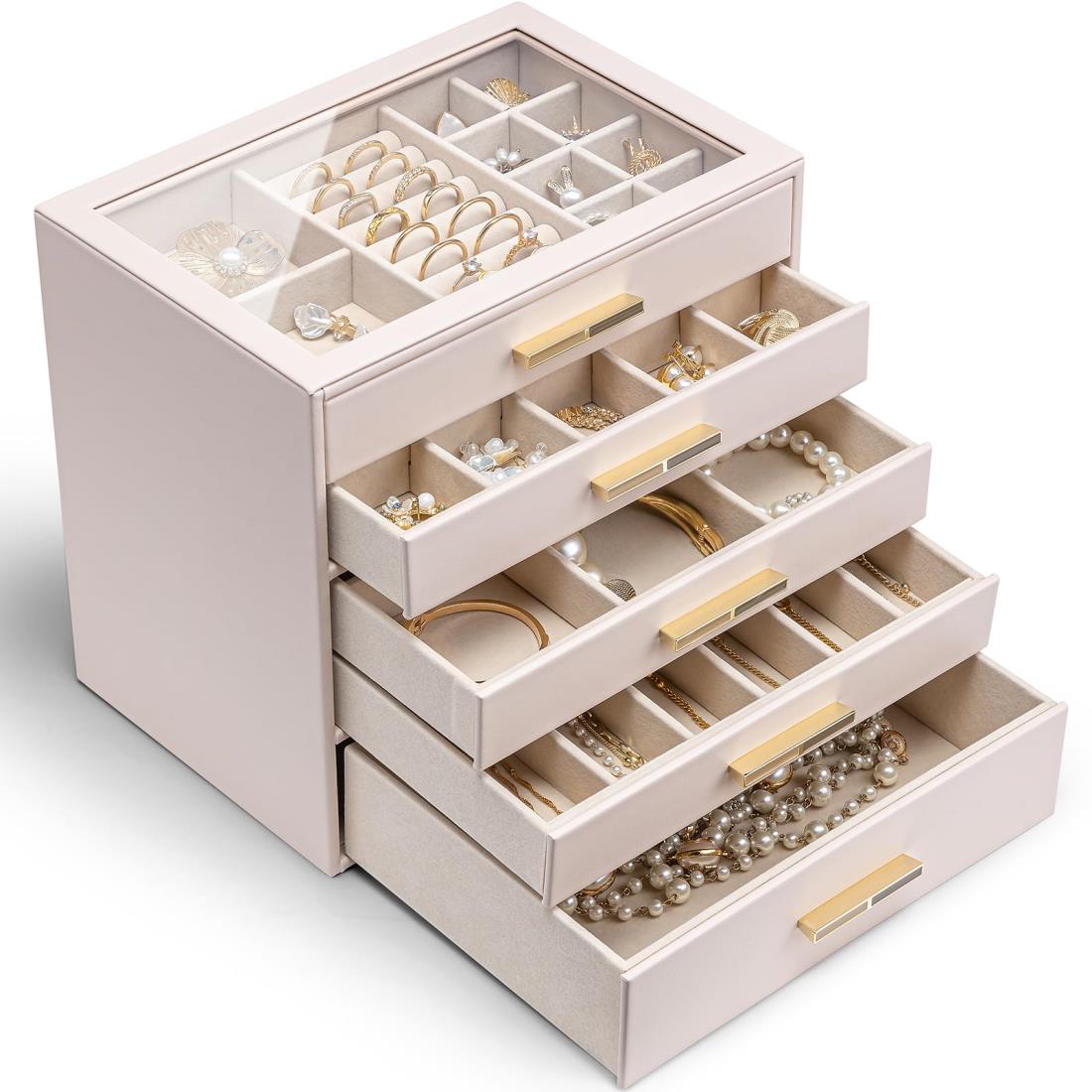 Vlando ガラス蓋 5段引き出し ジュエリーボックス 女性用ジュエリーボックス ネックレス 指輪 イヤリング ブレスレット アクセサリー収納用 オーガナイザー (ピンク)