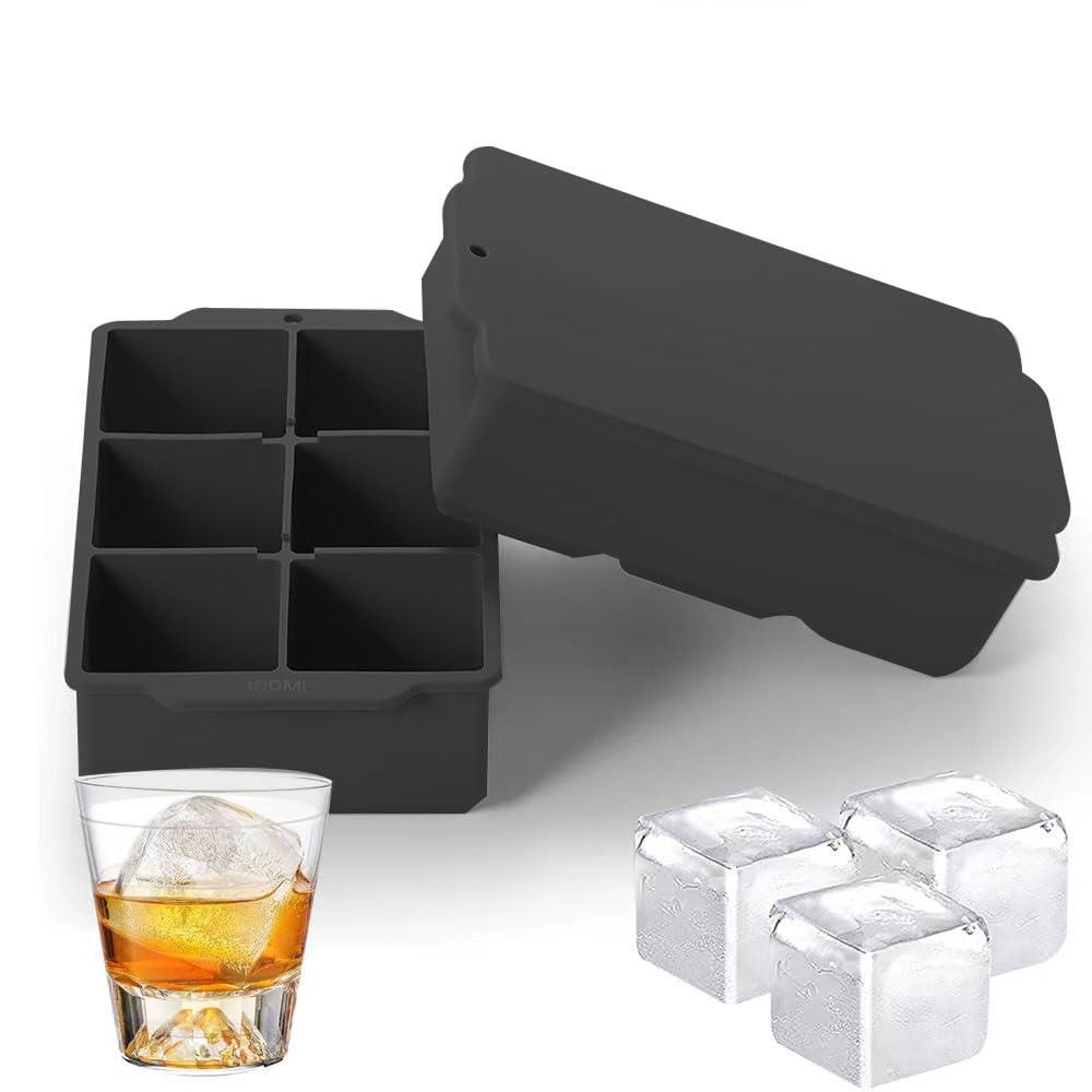 ESTVLB シリコン 製氷皿 製氷器 四角氷 シリコン製氷機製氷ケースアイスキューブ 氷トレー ソフト取り出しやすい 蓋付き冷凍保存 耐久性 多用途 DIY 小型製氷機 家庭用 6穴 ブラック (2個セット)