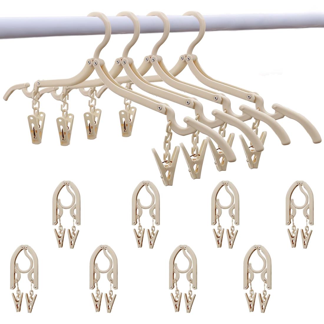 MIGABER 折りたたみハンガー 旅行 ハンガー トラベル 携帯ハンガー 8セット クリップ付き 16クリップ 折り畳み式 携帯用 洗濯 物干し 便利 軽量 多機能 プラスチック製 省スペース 旅行/出張/商務/アウトドアなど ピンチ (ベージュ)