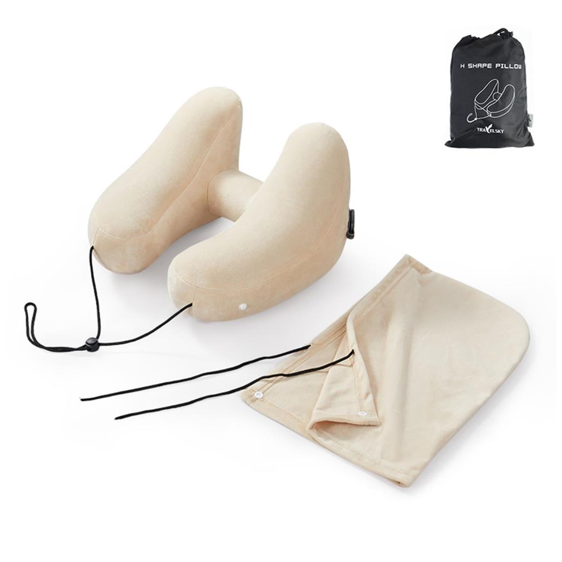 PRETOLE ネックピロー H型 フード付き ベージュ コットン 首枕 携帯枕 エアーピロー ポンプ式膨らませる 収納ポーチ付き 洗えるカバー トラベル 旅行...