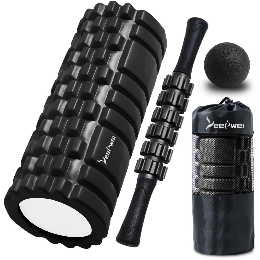 LEEPWEI フォームローラー 筋膜リリース ヨガポール トリガーポイント マッサージボール 初心者 家庭用 4点セット 収納袋付き ブラック