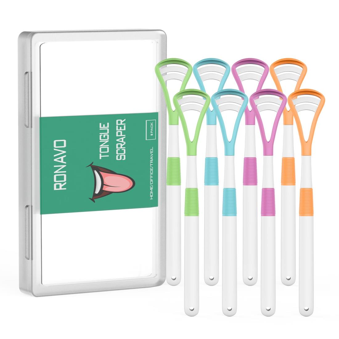 RONAVO 舌ブラシ (ファミリーパック8本) 口臭予防 口腔ケア 舌磨き 舌クリーナー 旅行キャリーケース付き 家族 大人 子供