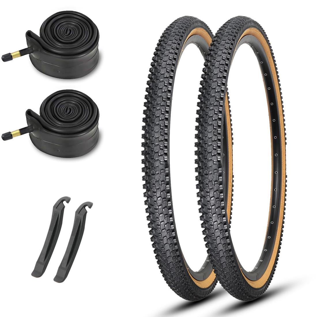 MOHEGIA 2本セット マウンテンバイク自転車タイヤ: 26×1.95インチ 60TPI 組み合わせセット - 折り畳み式 交換用 米式チューブ、タイヤレバー - 茶色