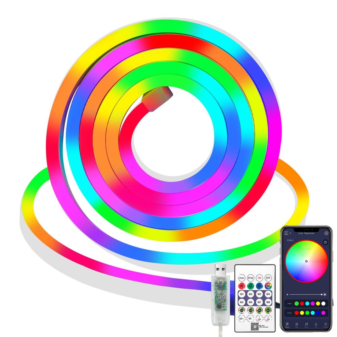 ShineBurky 5V USB 流れる IC RGB ledテープライト IP67防水 調光可能 間接照明 led ネオンチューブ 5m 虹色